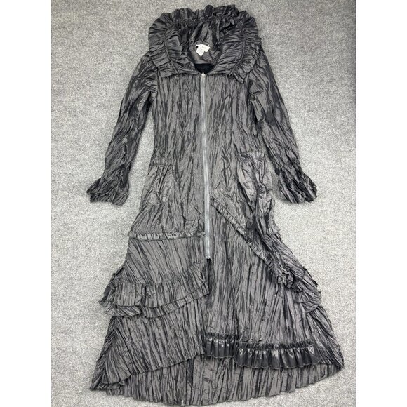 Dorman Coat Womens S/M Gray Long Ruffle Trim Crinkle Maxi Zip Front Pockets - Picture 1 of 8